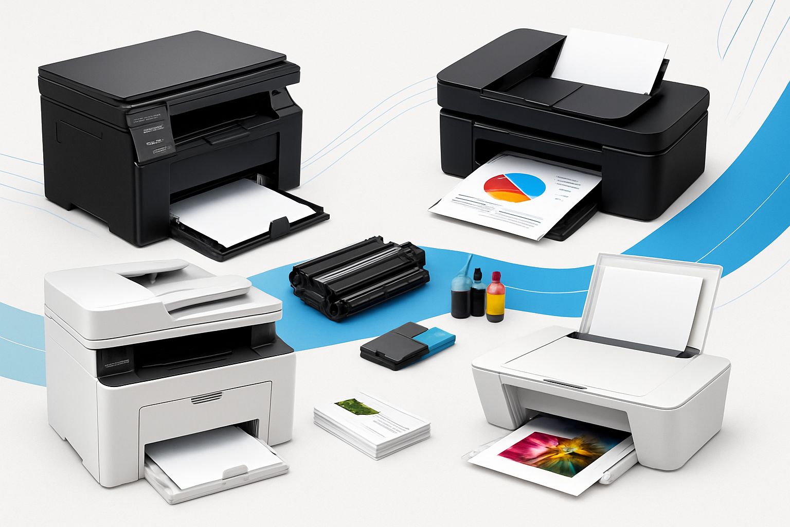 Collage of printers, cartridges and supplies on white background